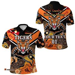 Custom Personalised Wests Polo Shirt Tigers Indigenous Naidoc Heal Country! Heal Our Nation - Black, Custom Text And Number