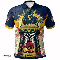 Brumbies Rugby Custom Polo Shirt - Remembrance Canberra ACT Brumbies With Indigenous Patterns And Poppy Flowers
