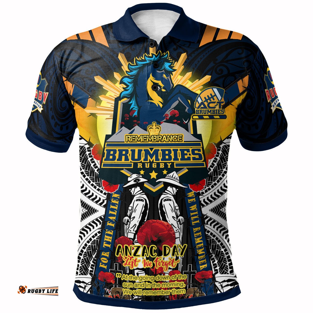 Brumbies Rugby Custom Polo Shirt - Remembrance Canberra ACT Brumbies With Indigenous Patterns And Poppy Flowers