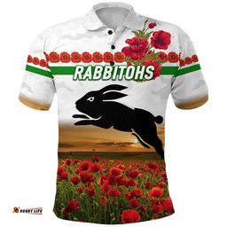 Custom Personalised Rabbitohs ANZAC Polo Shirt Poppy Flowers Vibes - White