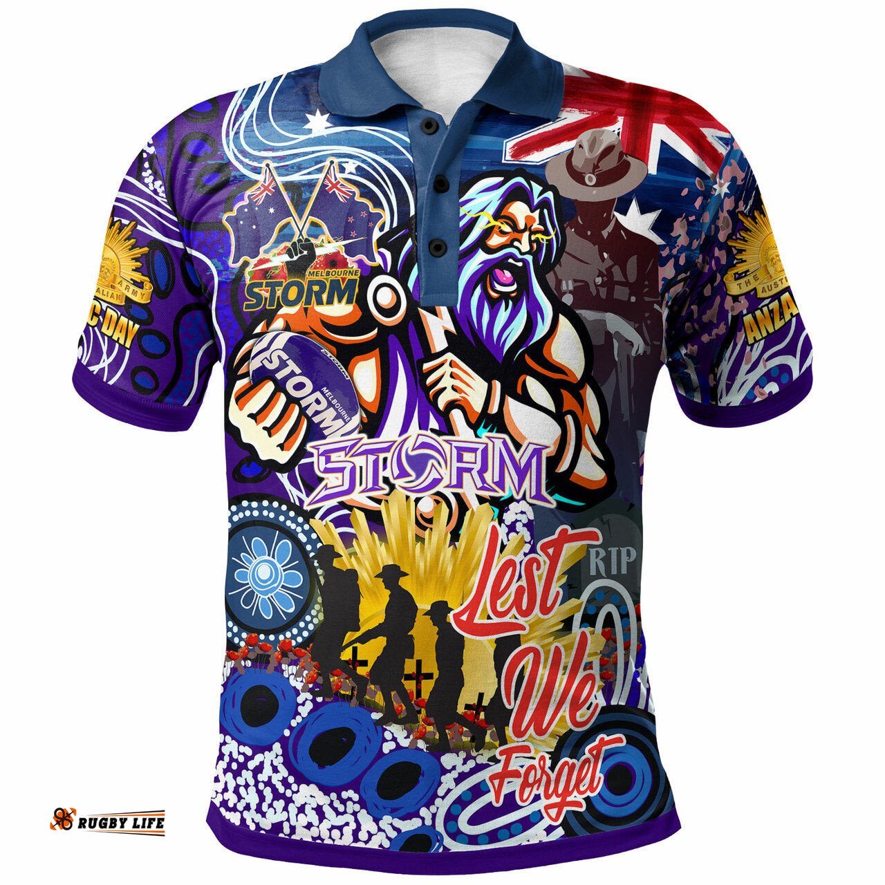 Storm Rugby Australia And NZ Anzac Poppy Polo Shirt - Lest We Forget Indigenous Melbourne Storm With Rugby Ball And Aboriginal Patterns