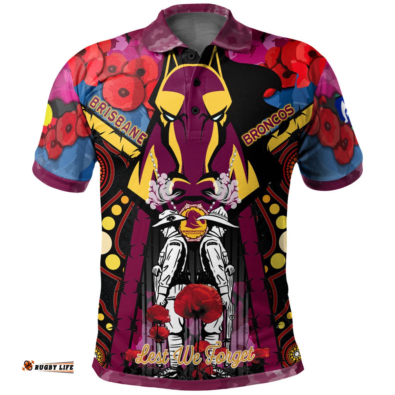Broncos Rugby Aboriginal Anzac Day Custom Polo Shirt - Remembrance Indigenous With Poppy Flower RLT13