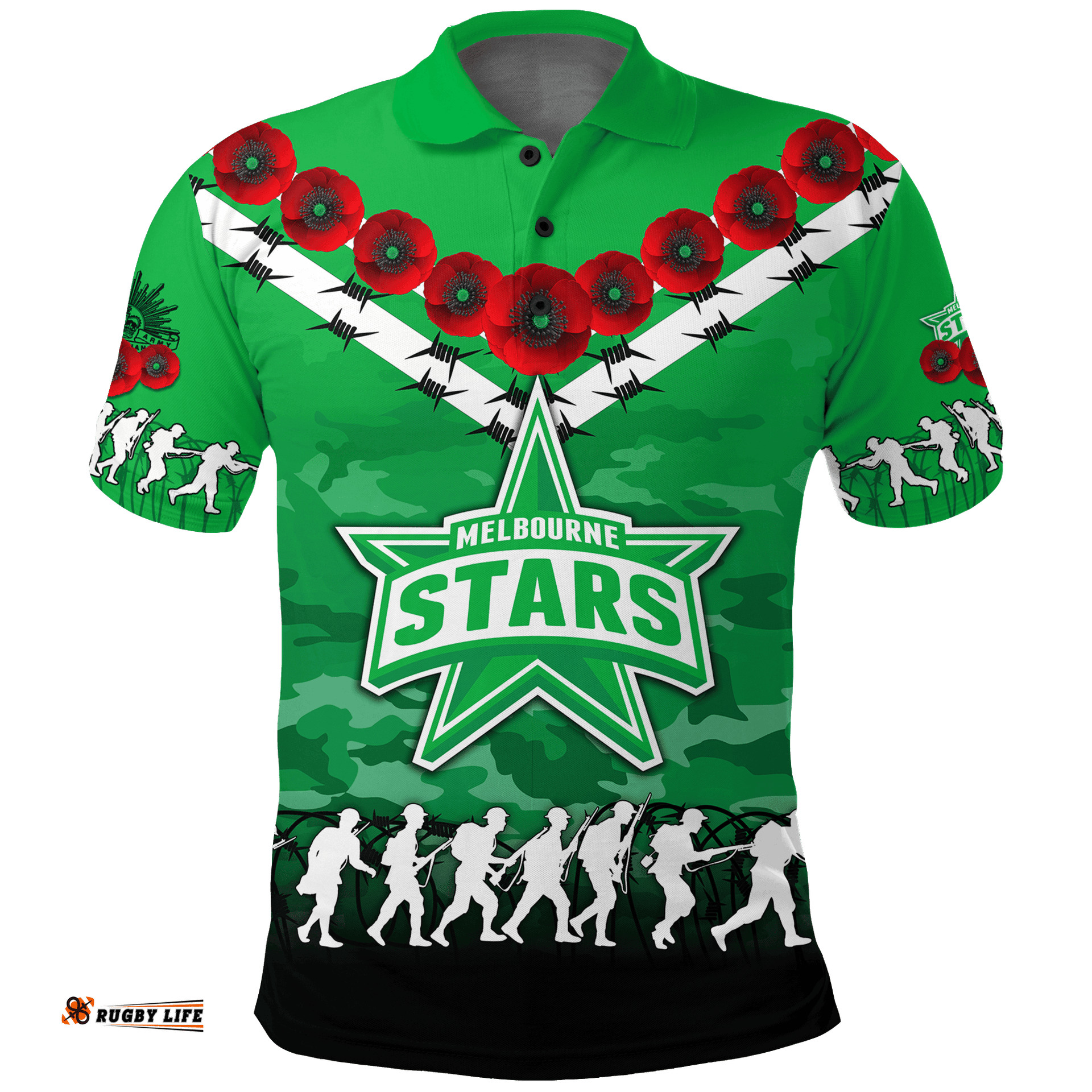 Melbourne Stars ANZAC 2022 Polo Shirt Camouflage With Poppy -