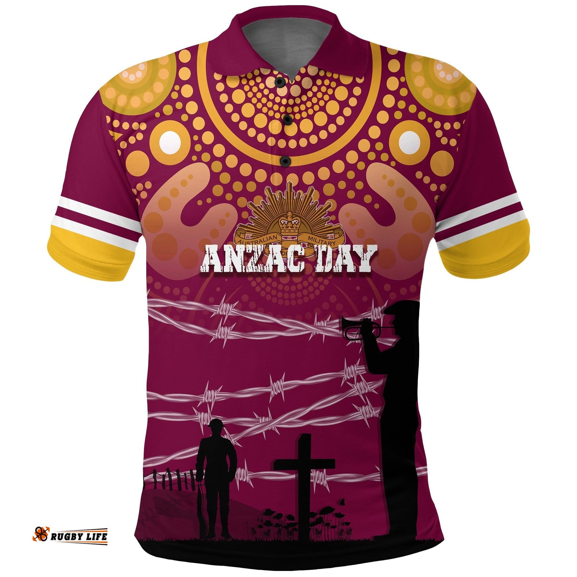 Broncos Rugby Polo Shirt Anzac Day Barb Wire Style