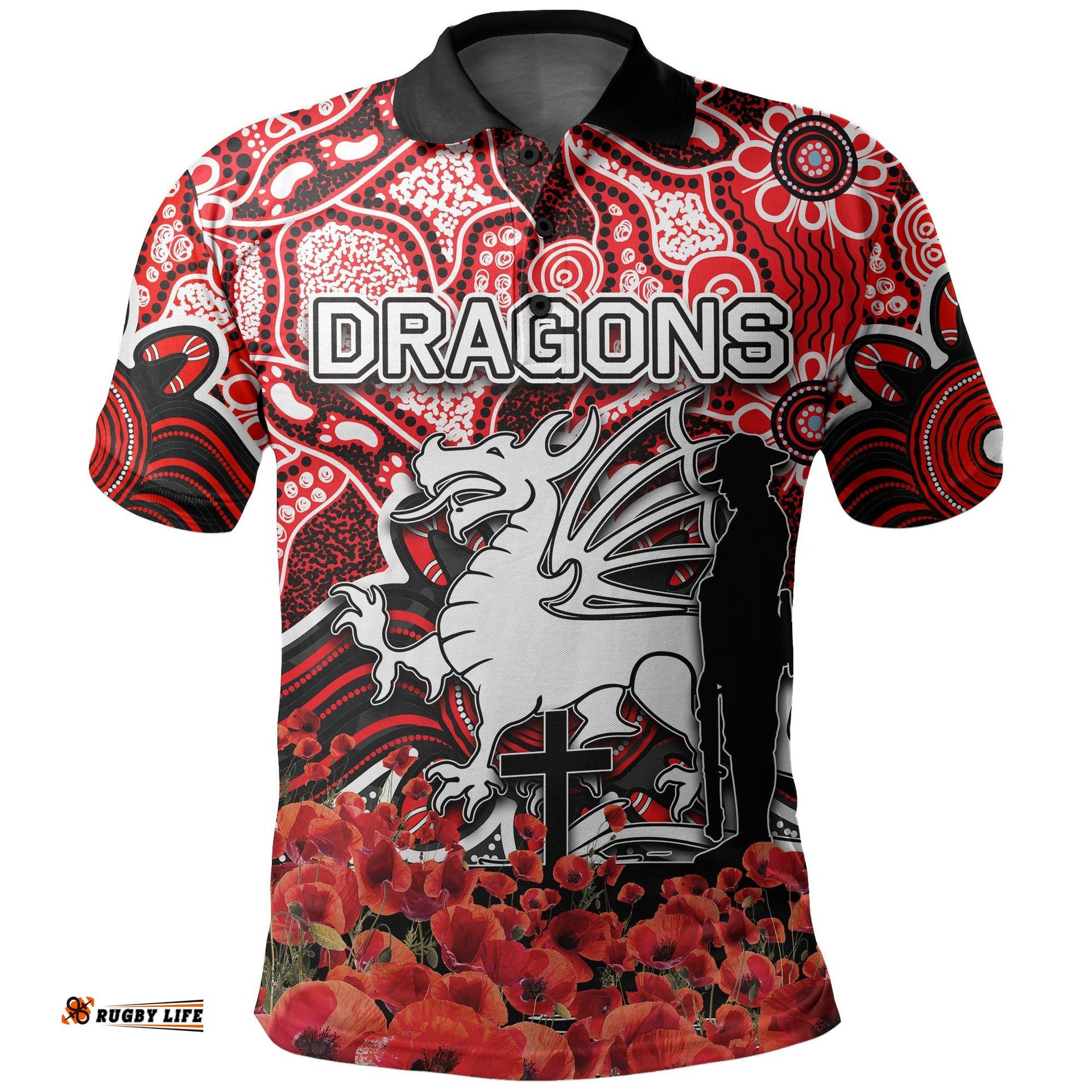 St. George Dragons Polo Shirt Anzac Day Poppy Flowers With Aboriginal