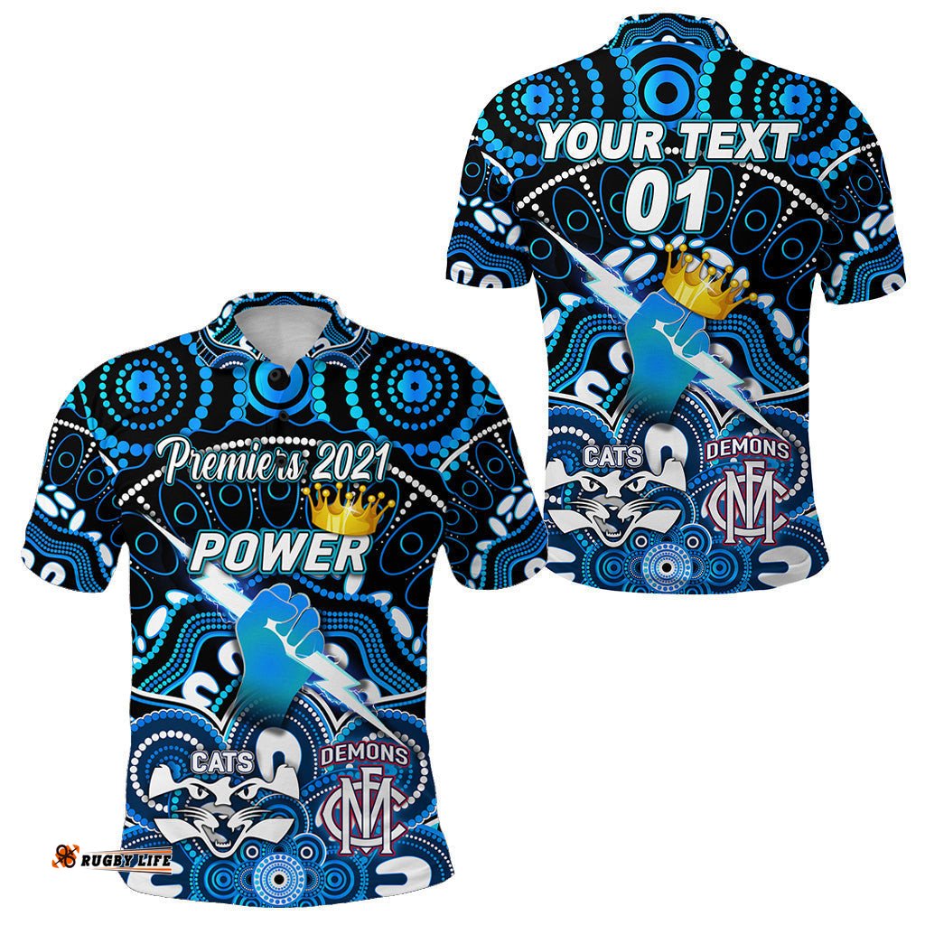 Custom Personalised Port Adelaide Power Indigenous Polo Shirt Football 2021 Premiers - The King, Custom Text And Number