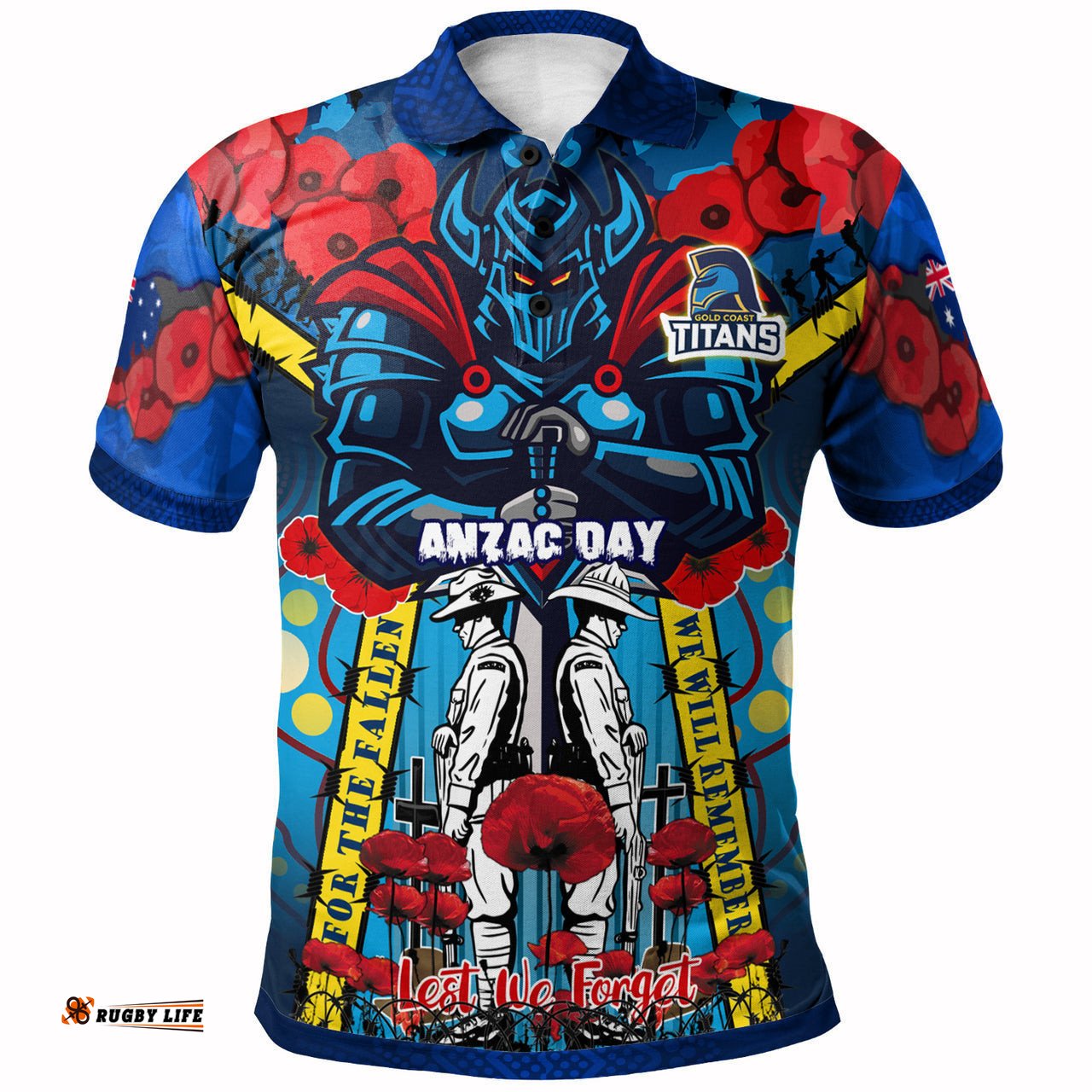 Titans Aboriginal Rugby Anzac Day Custom Watercolour Polo Shirt - Remembrance Indigenous Titans With Poppy Flower RLT13