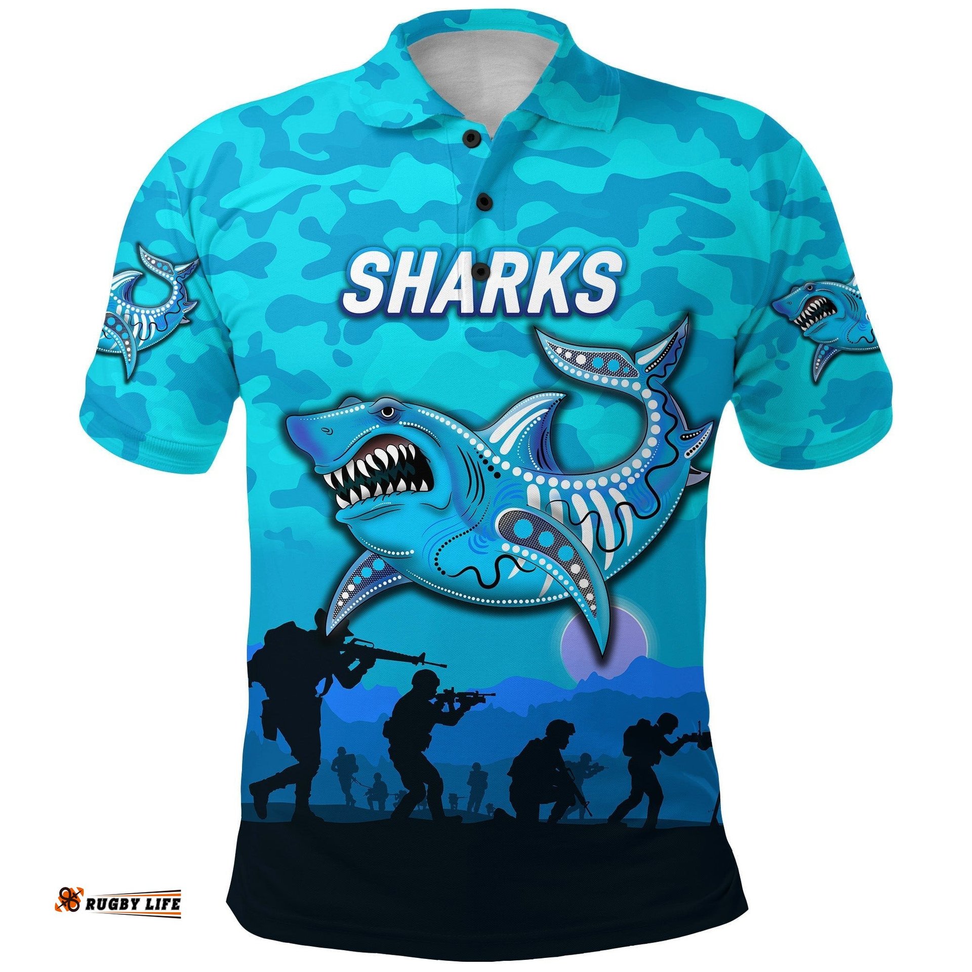 Custom Personalised Cronulla-Sutherland Sharks ANZAC 2022 Polo Shirt Simple Style - Blue