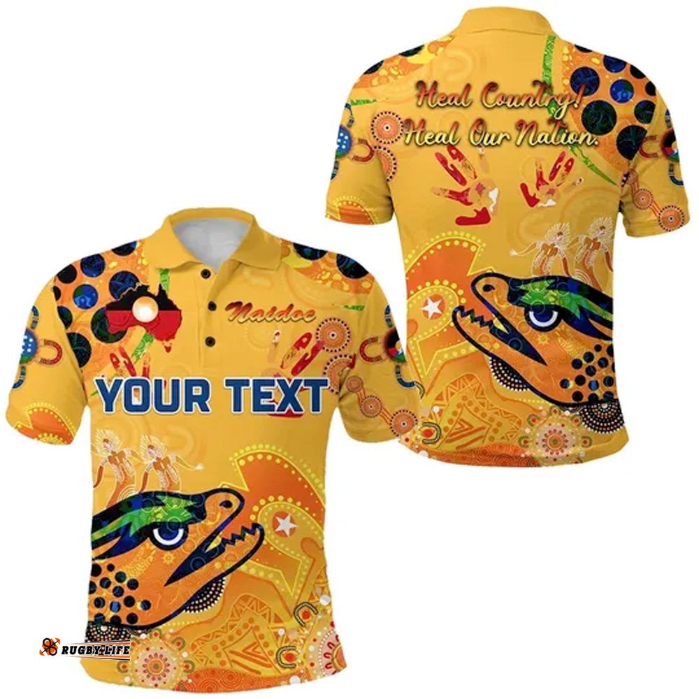 Custom Personalised Parramatta Polo Shirt Eels Indigenous Naidoc Heal Country! Heal Our Nation Gold