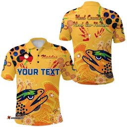 Custom Personalised Parramatta Polo Shirt Eels Indigenous Naidoc Heal Country! Heal Our Nation Gold