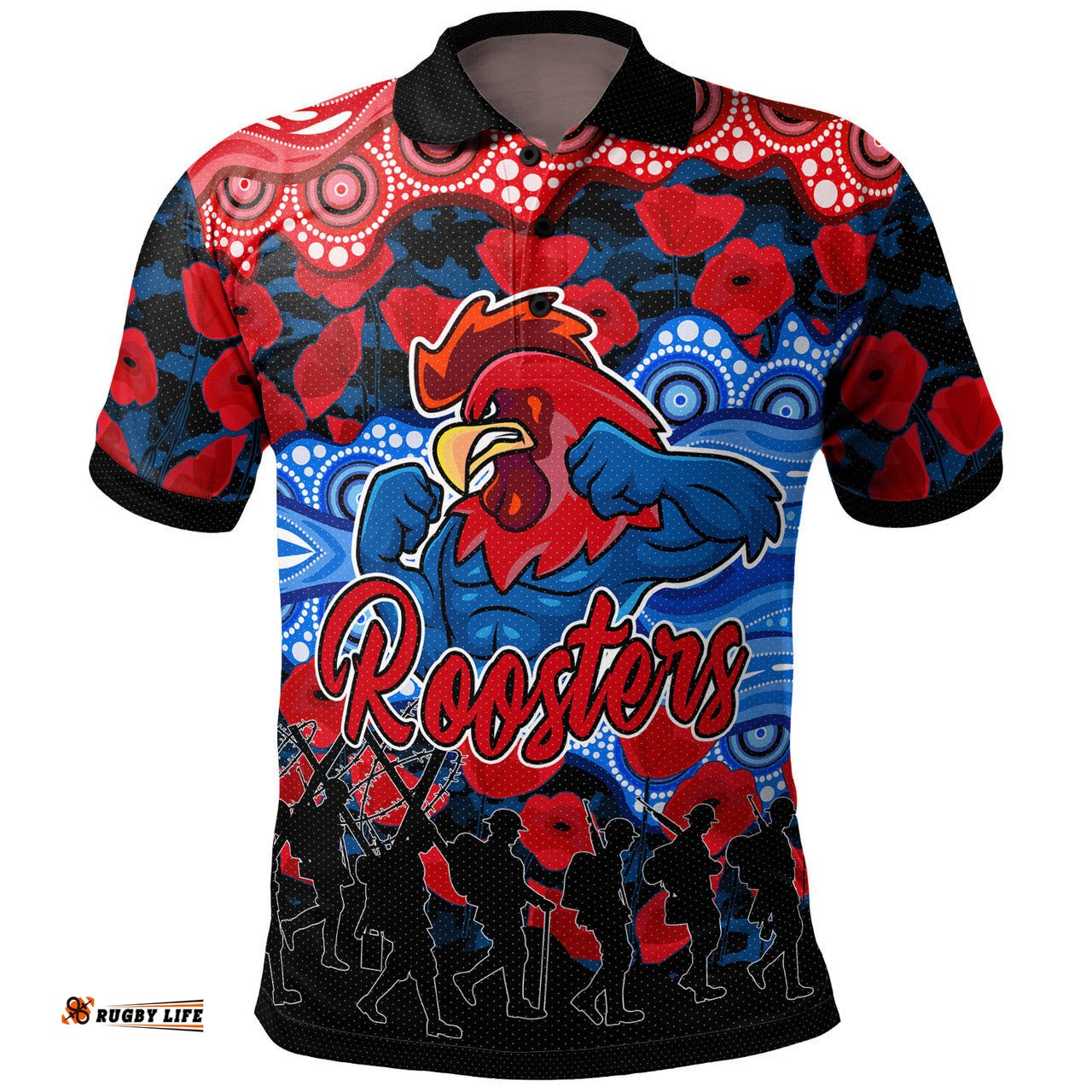 Roosters Rugby Polo Shirt - Custom Anzac Rooster With Aboriginal Patterns Poppy Polo Shirt