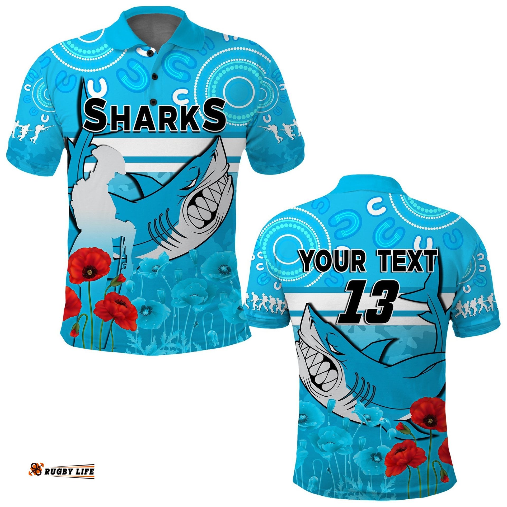 Custom Text and Number Sharks Anzac 2022 Polo Shirt Cronulla-Sutherland Lest We Forget