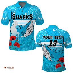 Custom Text and Number Sharks Anzac 2022 Polo Shirt Cronulla-Sutherland Lest We Forget