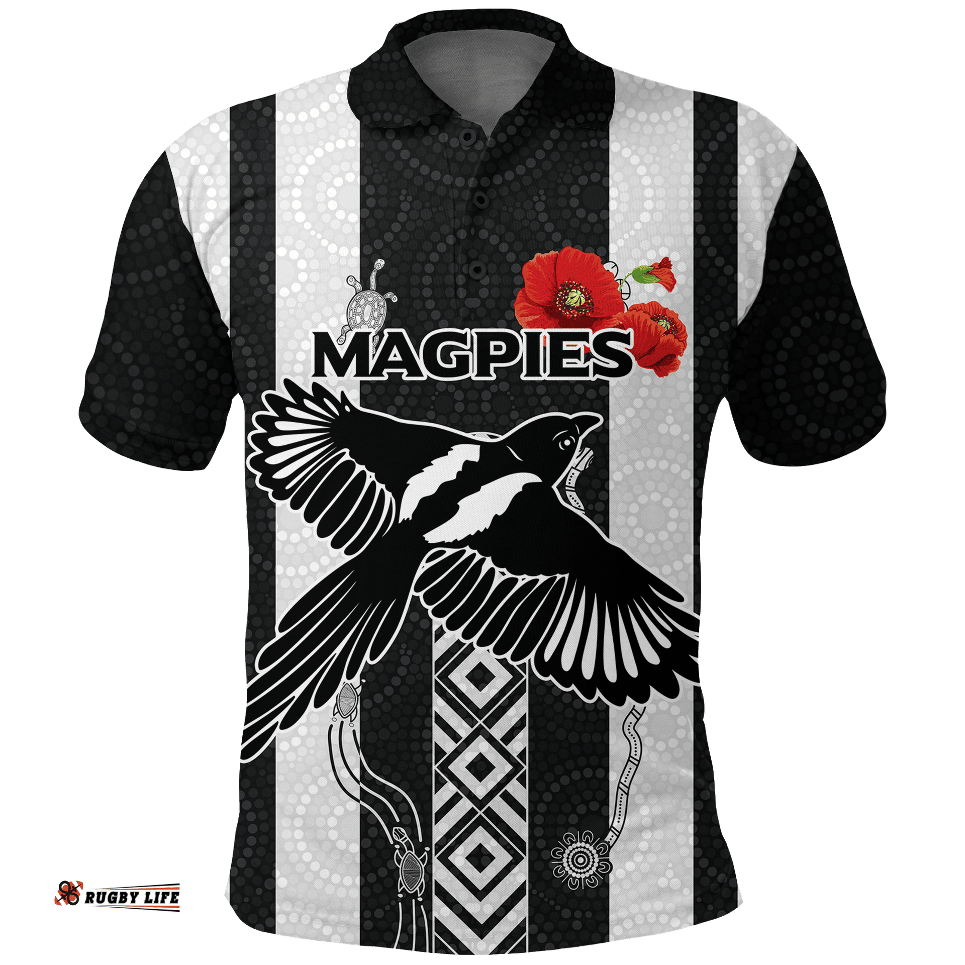 Magpies Anzac Day Polo Shirt - Indigenous Art -