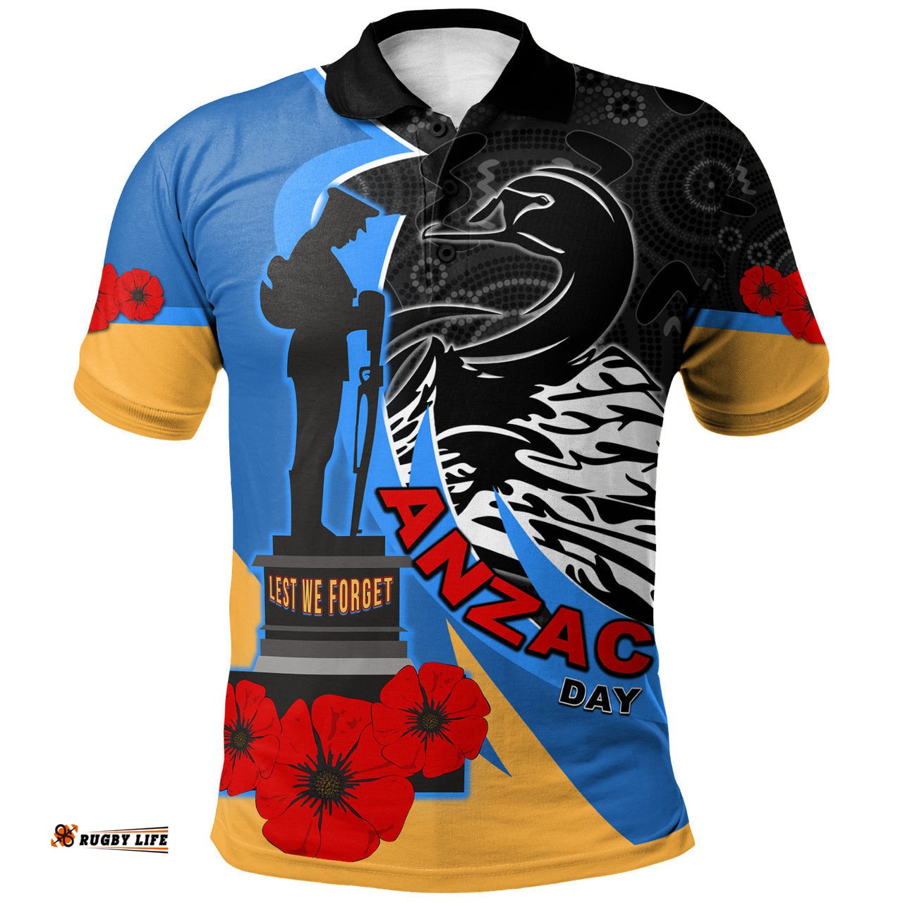 Force Rugby Polo Shirt - Custom Anzac Force Black Swans Mascot Polo Shirt RLT13