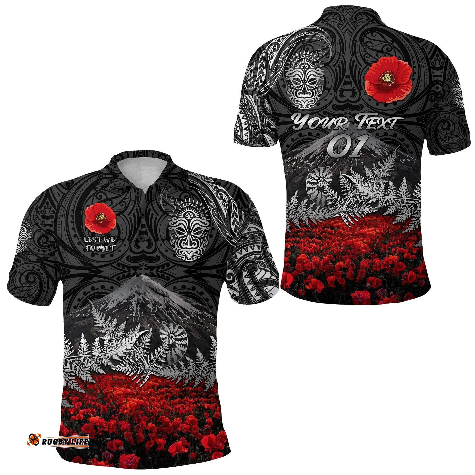 Warriors Rugby Custom Polo Shirt New Zealand Mount Taranaki Anzac Vibes - Black