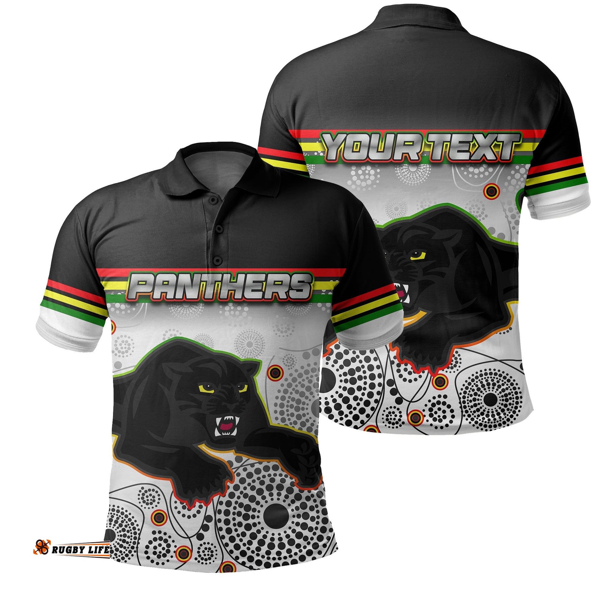 Custom PersonalisedPanthers Polo Shirt Aboriginal Patterns White