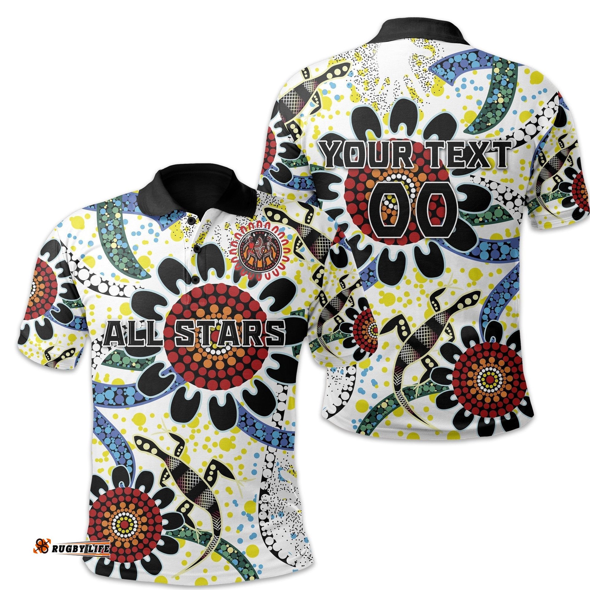 Custom Personalised Australia Indigenous Rugby Polo Shirt All Stars Sporty Style - White, Custom Text And Number