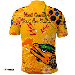 Parramatta Polo Shirt Eels Indigenous Naidoc Heal Country! Heal Our Nation Gold