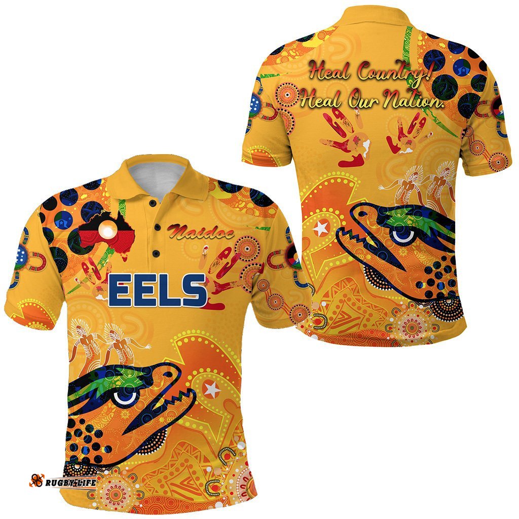 Parramatta Polo Shirt Eels Indigenous Naidoc Heal Country! Heal Our Nation - Gold