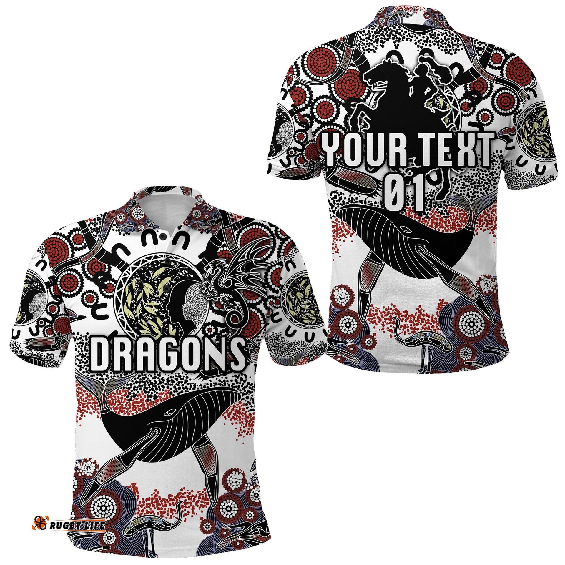 Custom Personalised St. George Illawarra Dragons Polo Shirt 2021 Indigenous - White, Custom Text And Number