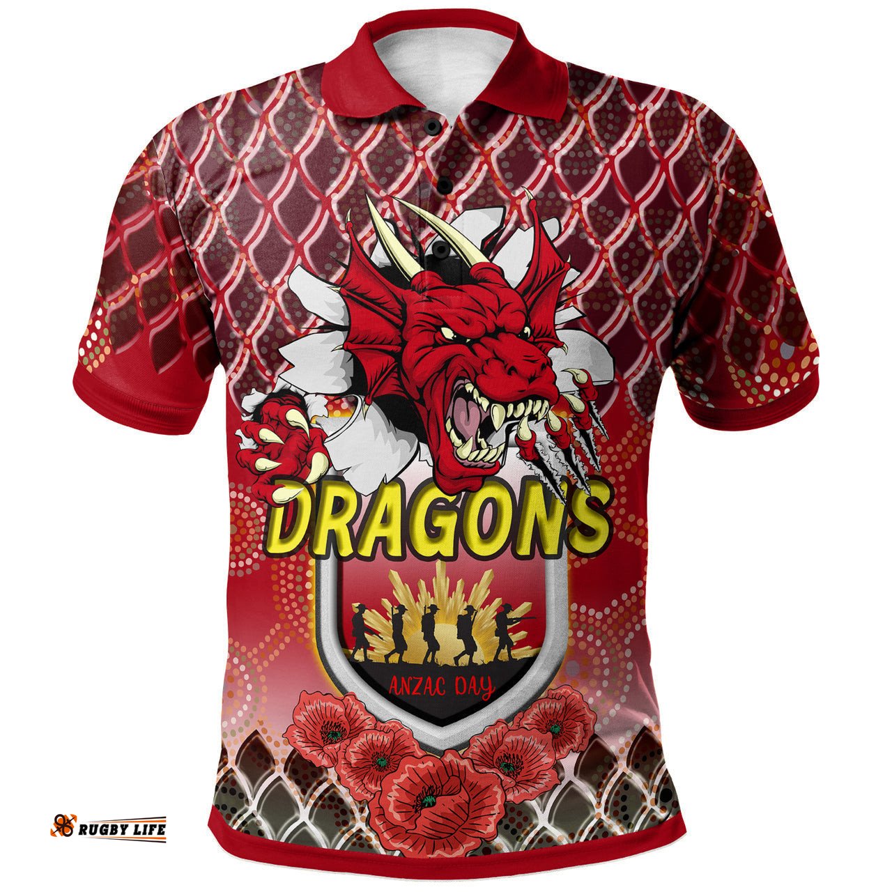 St. George Illawarra Dragons Rugby Polo Shirt - Aboriginal And Anzac Day With Dragons Poppy Flower Patterns Polo Shirt