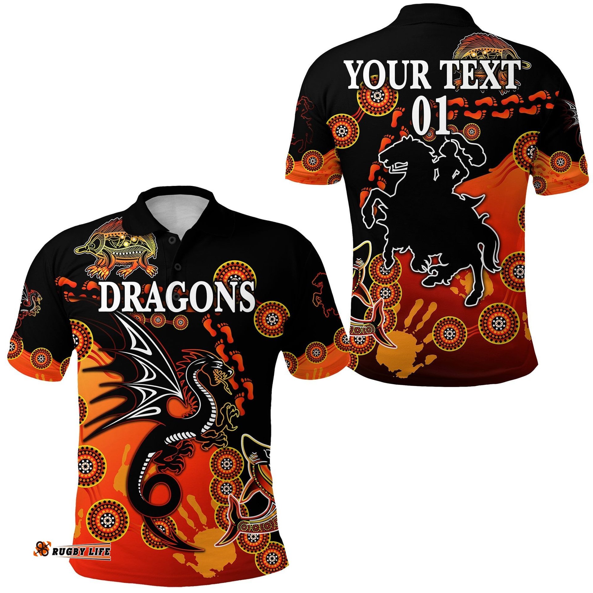 Custom Personalised St. George Illawarra Dragons Polo Shirt 2021 Simple Indigenous - Red, Custom Text And Number - Amazing Aussie