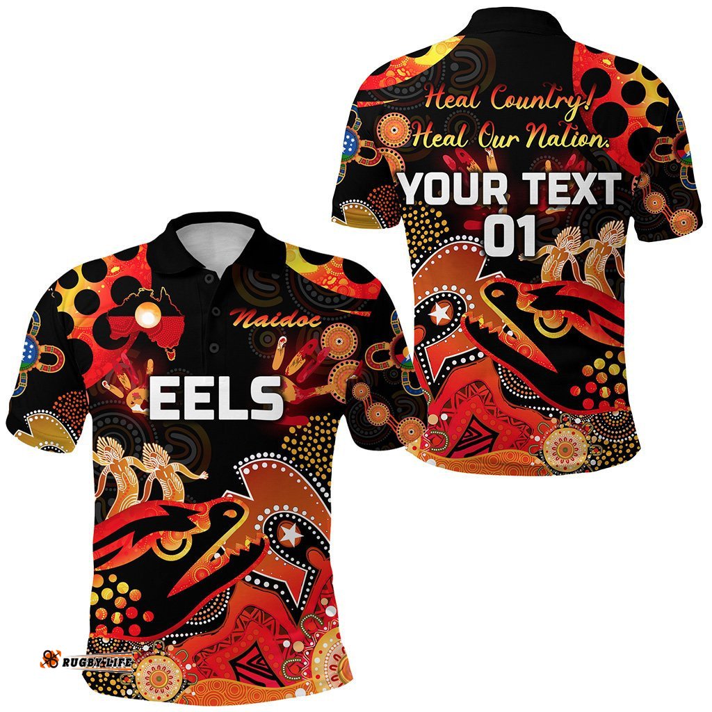 Custom Personalised Parramatta Polo Shirt Eels Indigenous Naidoc Heal Country! Heal Our Nation - Black, Custom Text And Number - Amazing Aussie