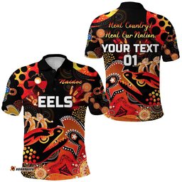 Custom Personalised Parramatta Polo Shirt Eels Indigenous Naidoc Heal Country! Heal Our Nation - Black, Custom Text And Number - Amazing Aussie