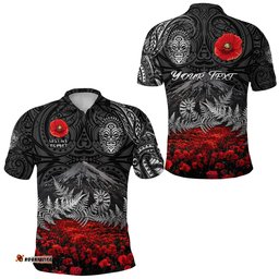Custom Personalised Warriors Rugby Polo Shirt New Zealand Mount Taranaki With Poppy Flowers Anzac Vibes Black - Amazing Aussie
