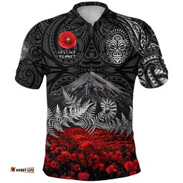 Custom Personalised Warriors Rugby Polo Shirt New Zealand Mount Taranaki With Poppy Flowers Anzac Vibes Black - Amazing Aussie