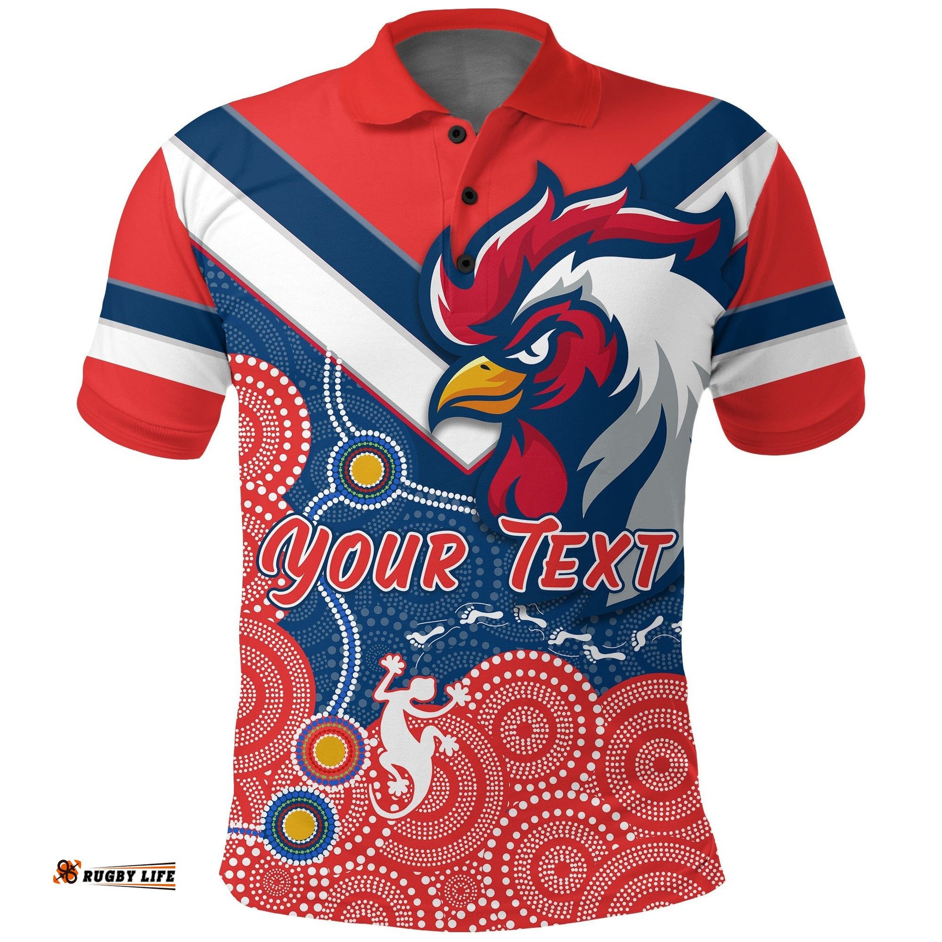 Custom Personalised RooSTERS Polo Shirt - Red Aboriginal Rugby - Amazing Aussie