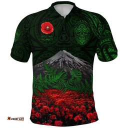 Custom Personalised Warriors Rugby Polo Shirt New Zealand Mount Taranaki With Poppy Flowers Anzac Vibes Green - Amazing Aussie