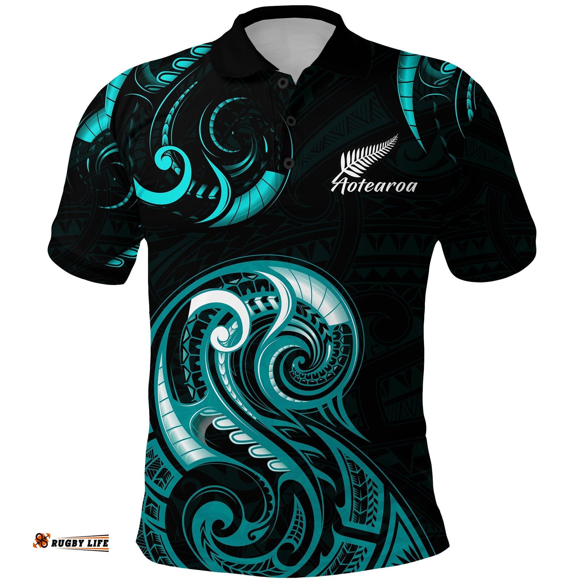 Aotearoa Fern Polo Shirt Maori Pattern Version Turquoise - Amazing Aussie