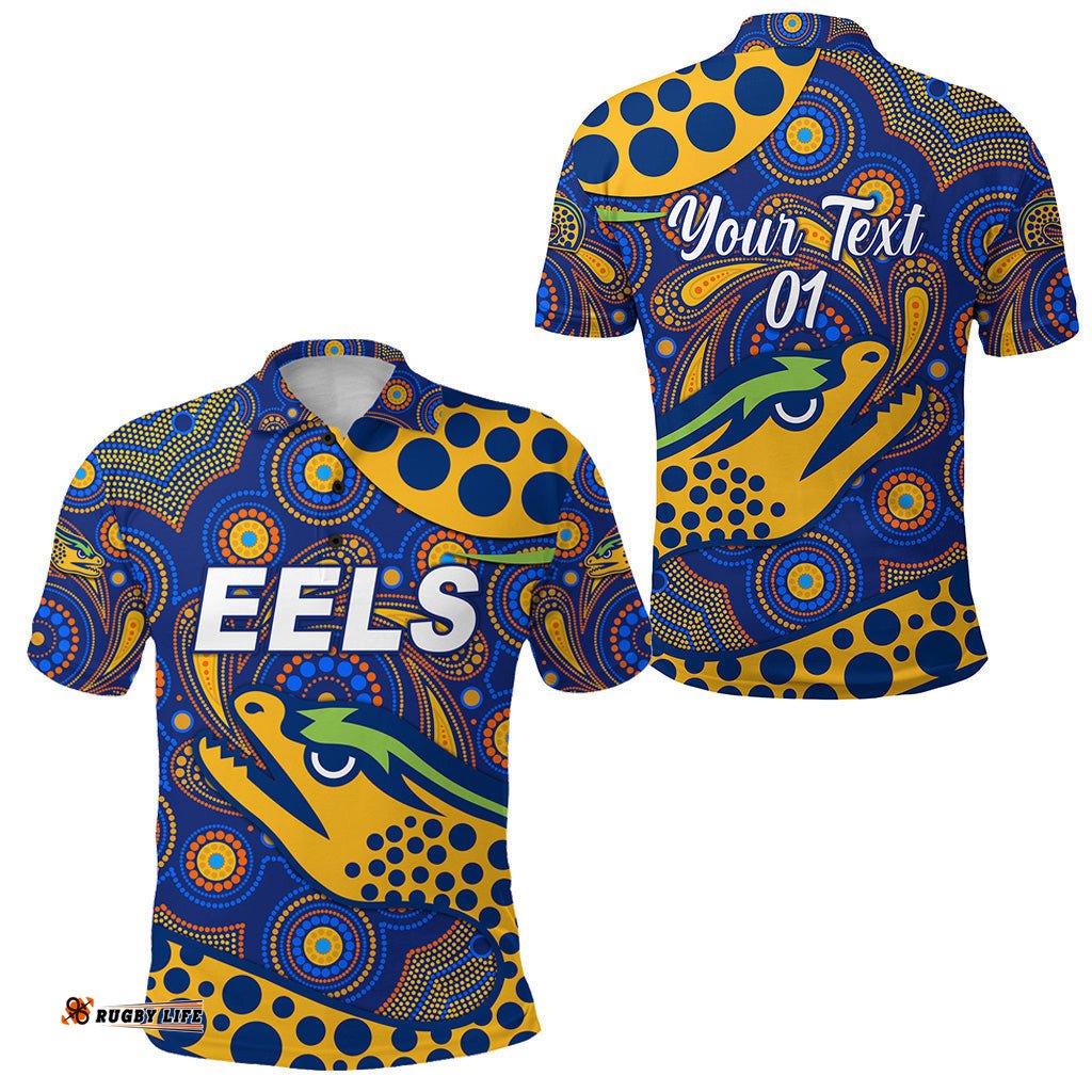 Custom Personalised Parramatta Eels Polo Shirt 2021 Indigenous Vibes - Blue, Custom Text And Number - Amazing Aussie