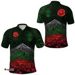 Warriors Rugby Polo Shirt New Zealand Mount Taranaki With Poppy Flowers Anzac Vibes Green - Amazing Aussie