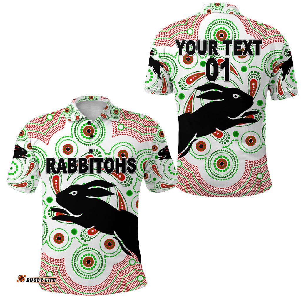 Custom Personalised South Sydney Rabbitohs Polo Shirt 2021 Indigenous Vibes - White, Custom Text And Number - Amazing Aussie