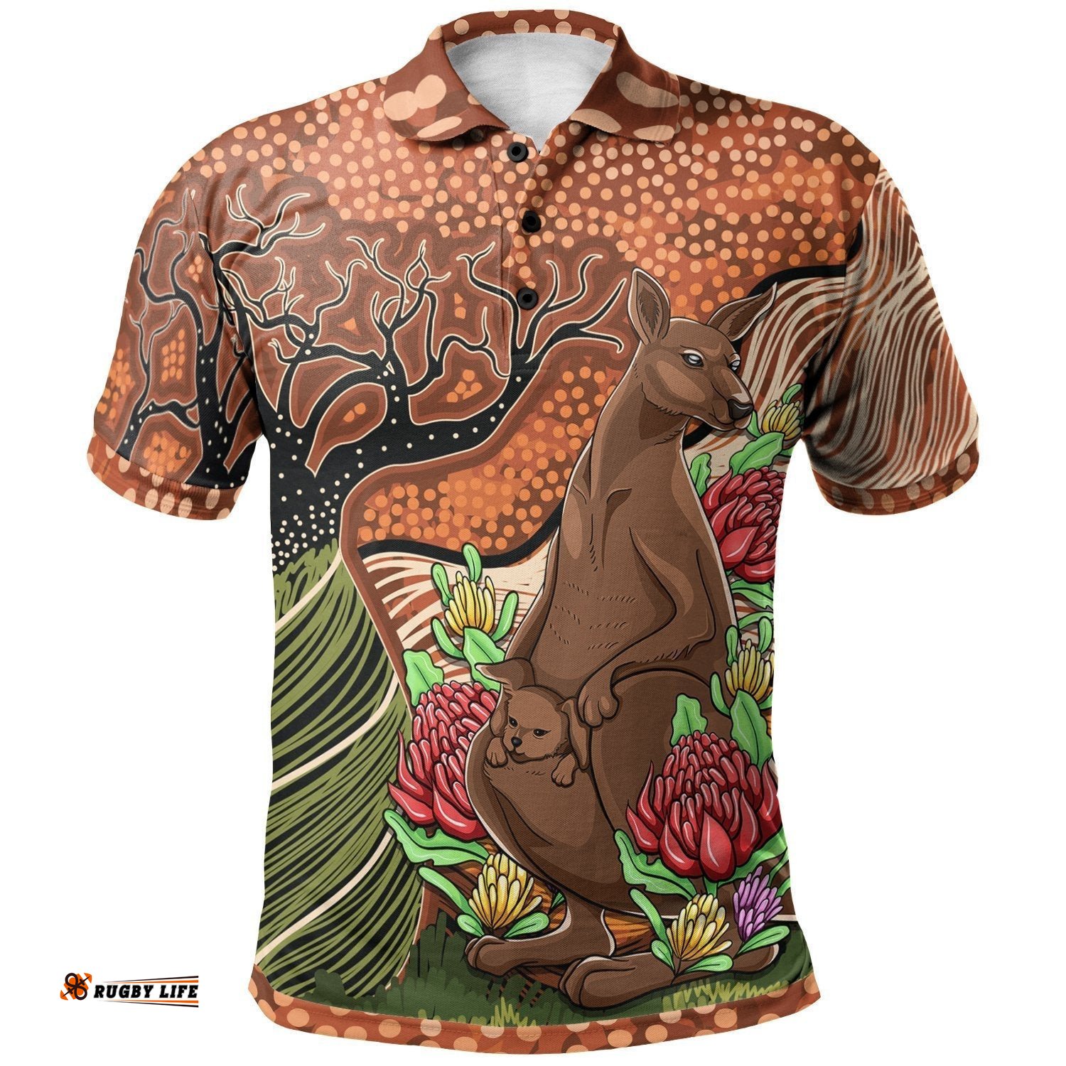 Aussie Aboriginal Polo Shirt Kangaroo With Indigenous Tree - Amazing Aussie