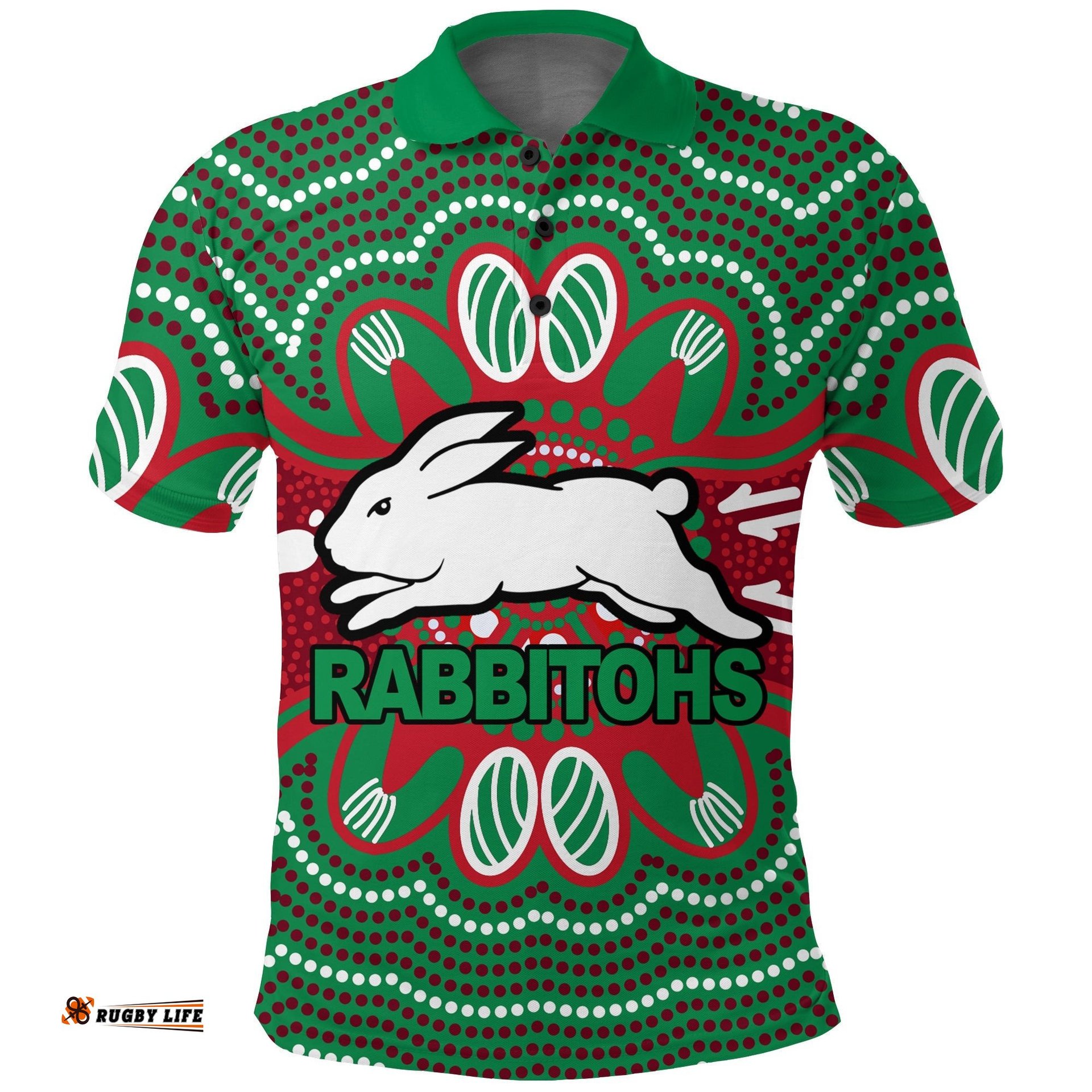 Custom Personalised Rabbitohs Polo Shirt - Aboriginal Dot Painting - - Amazing Aussie