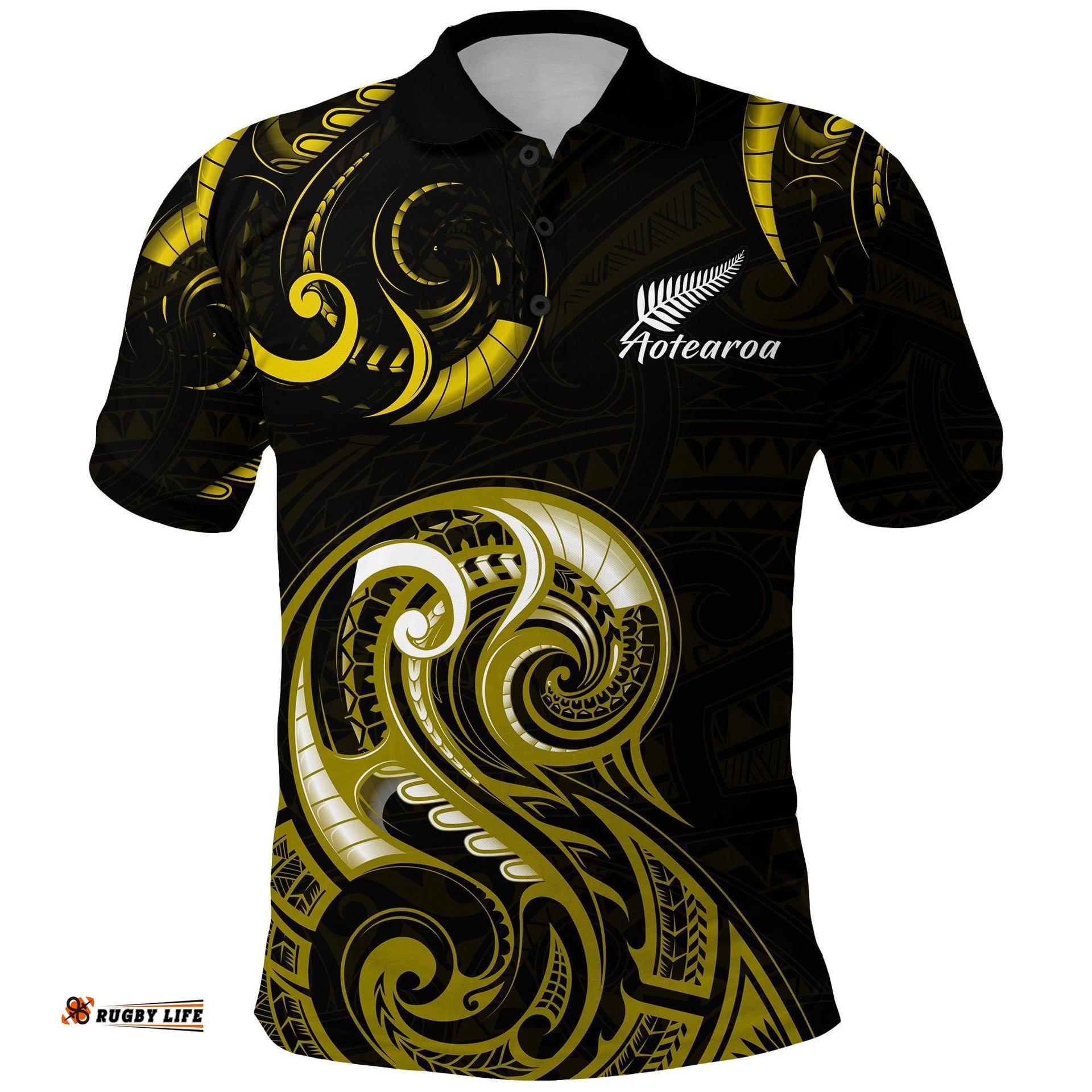 Aotearoa Fern Polo Shirt Maori Pattern Version Gold - Amazing Aussie