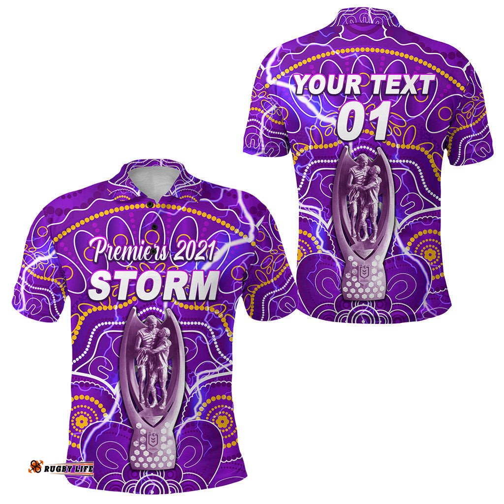 Custom Personalised Melbourne Storm Polo Shirt 2021 Indigenous Premiers - Trophy, Custom Text And Number - Amazing Aussie