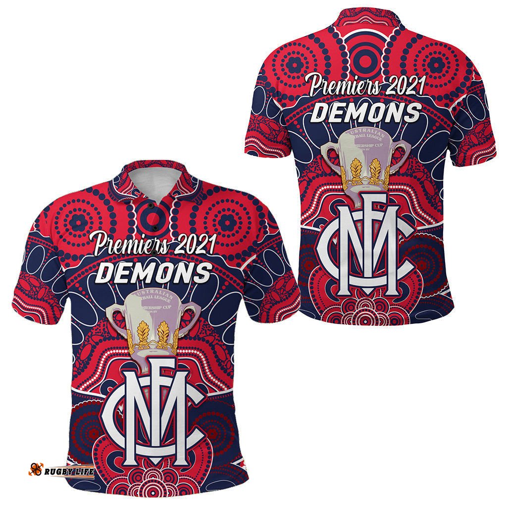 Melbourne Demons Indigenous Polo Shirt Football 2021 Premiers - Trophy - Amazing Aussie