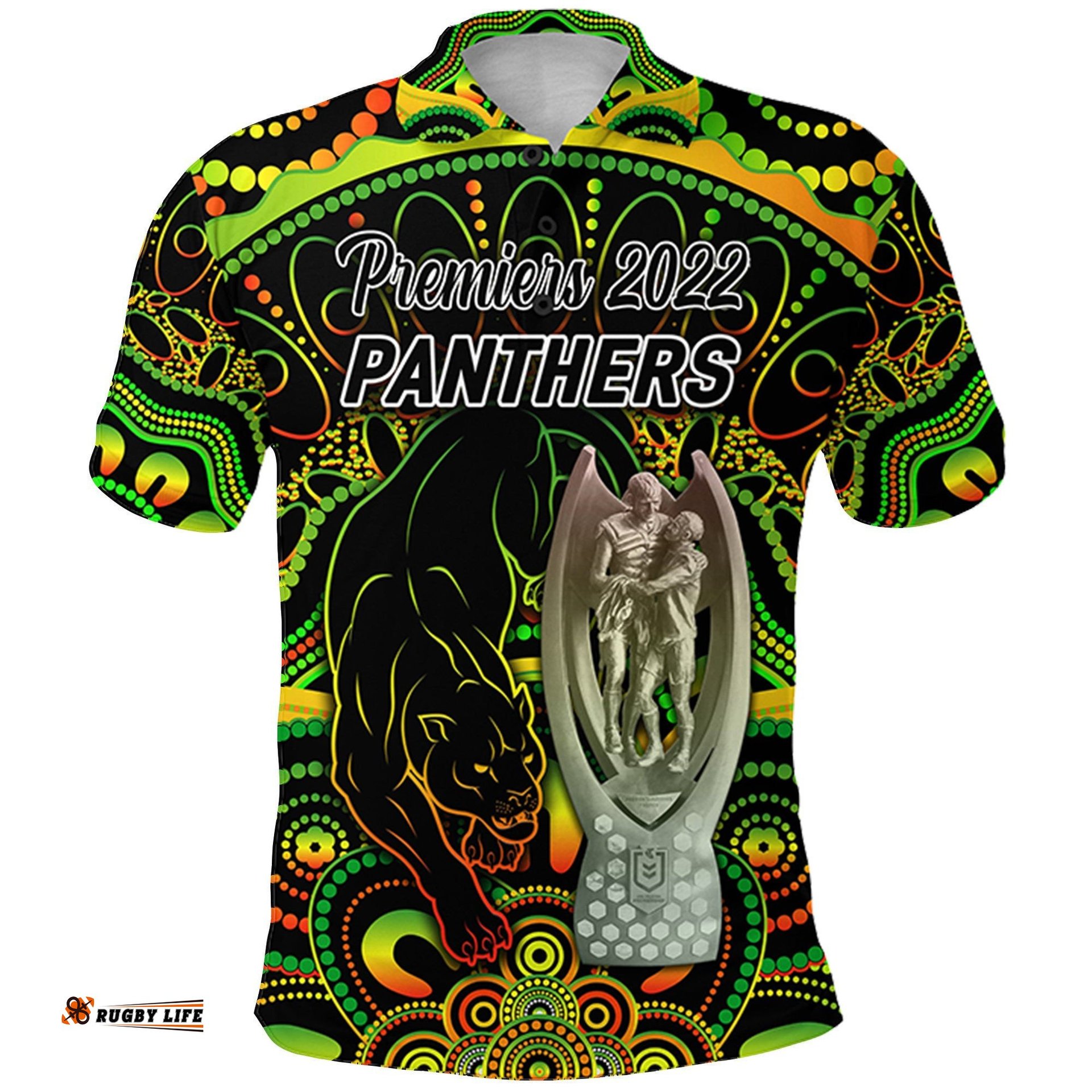 Custom Personalised Penrith Panthers Polo Shirt 2022 Indigenous Premiers - Trophy, Custom Text And Number - Amazing Aussie
