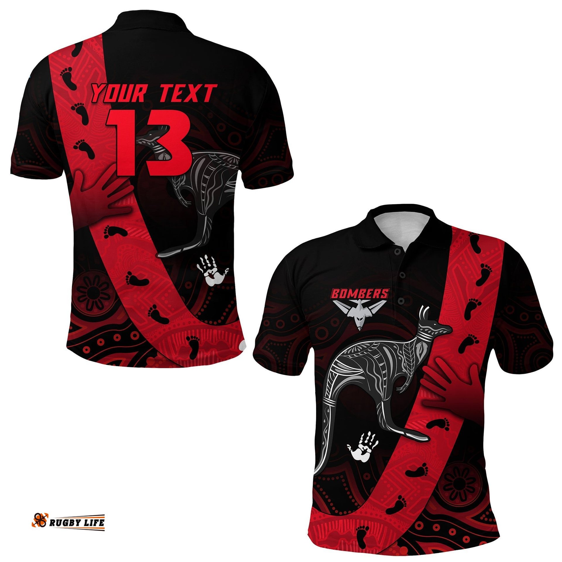 Custom Personalised Bombers Indigenous Polo Shirt - Custom Text and Number - Amazing Aussie