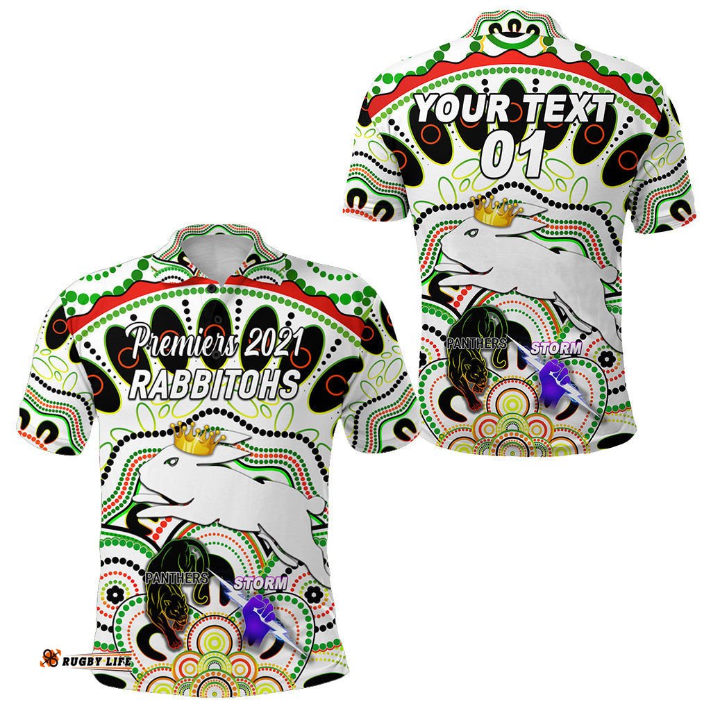 Custom Personalised South Sydney Rabbitohs Polo Shirt 2021 Indigenous Premiers - The King - White, Custom Text And Number - Amazing Aussie