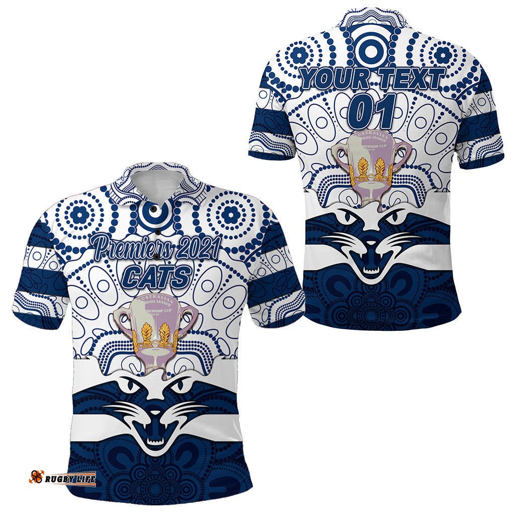 Custom Personalised Geelong Cats Indigenous Polo Shirt Football 2021 Premiers - Trophy, Custom Text And Number - Amazing Aussie