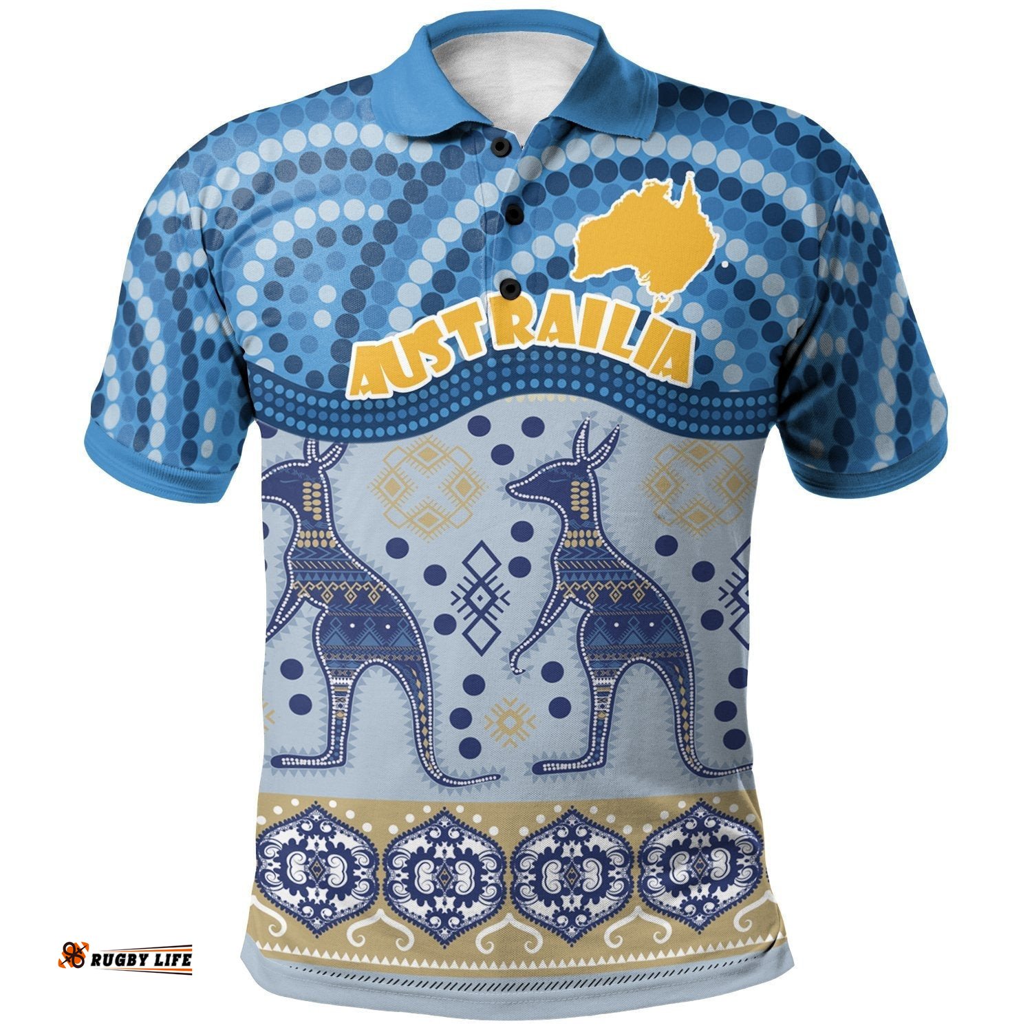 Aussie Aboriginal Polo Shirt Map and Kangaroo Style Blue - Amazing Aussie