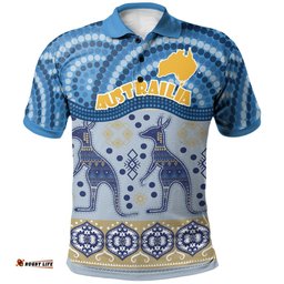 Aussie Aboriginal Polo Shirt Map and Kangaroo Style Blue - Amazing Aussie