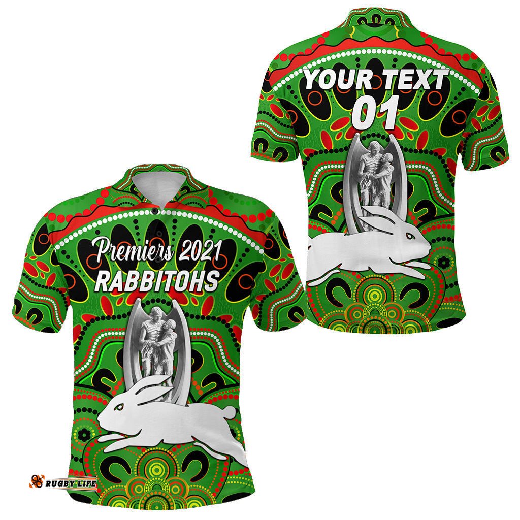 Custom Personalised South Sydney Rabbitohs Polo Shirt 2021 Indigenous Premiers - Trophy - Green, Custom Text And Number - Amazing Aussie