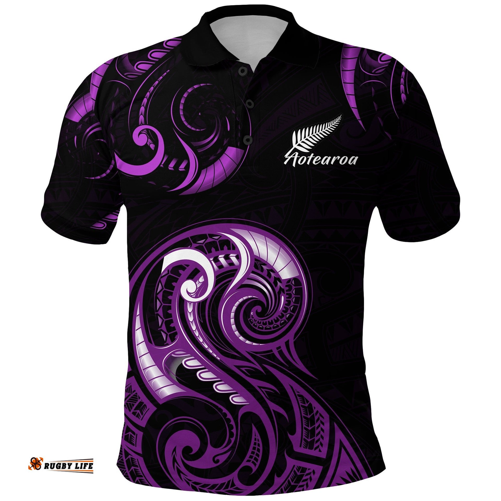 Aotearoa Fern Polo Shirt Maori Pattern Version Purple - Amazing Aussie
